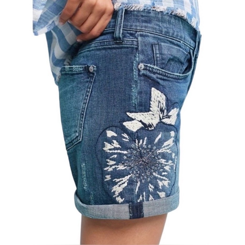 Embroidered Dark Blue Denim Women's Shorts - Picture 4 of 13